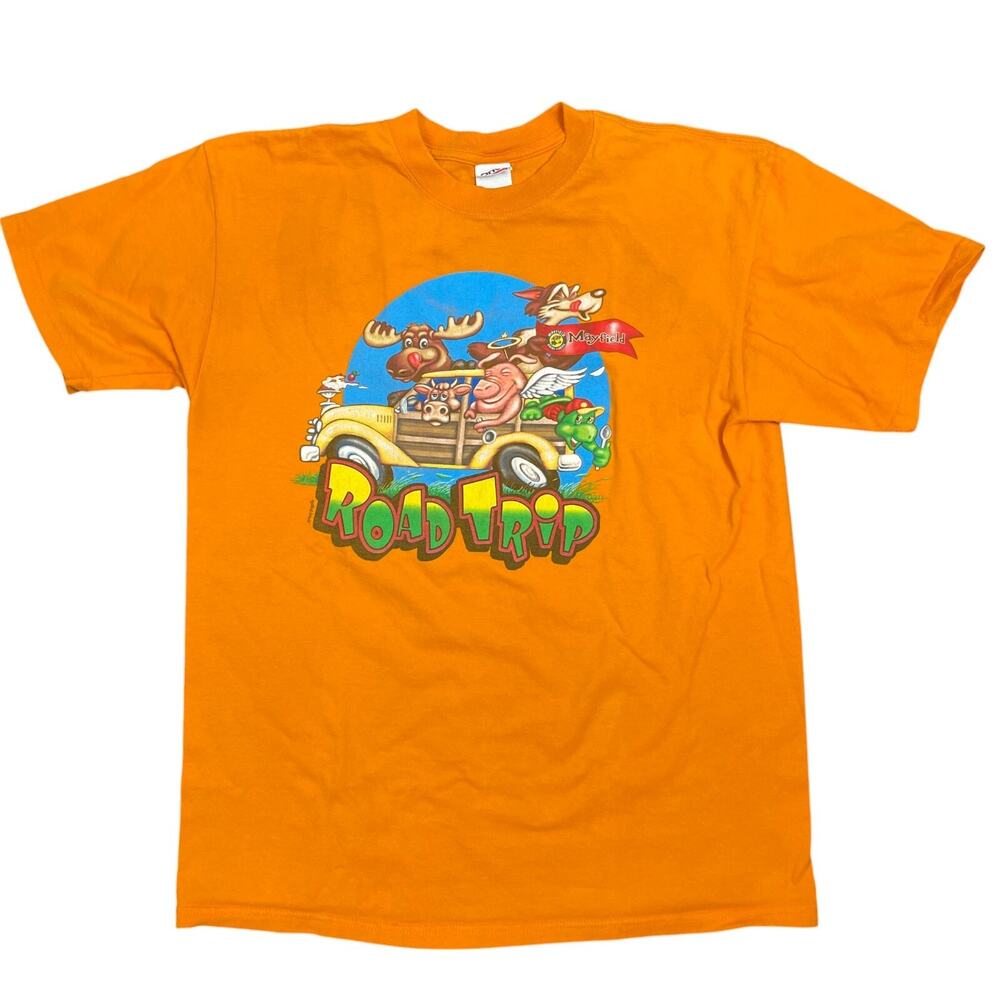RARE Y2K Mayfield Road Trip Orange T-Shirt Sz L Moose Pig Ice Cream USA Comfort